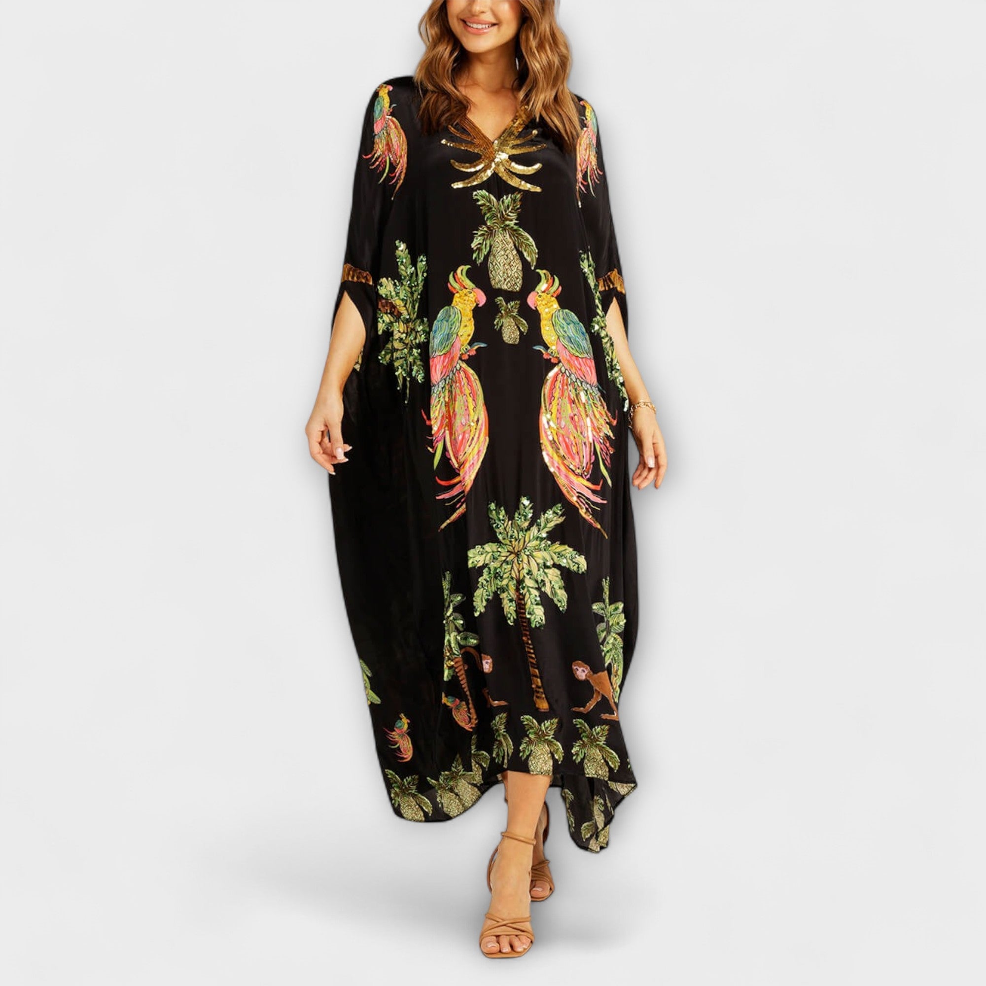 Linda - Eye-catching Dress with Asymmetrical Shoulders and Coconut Tree Print