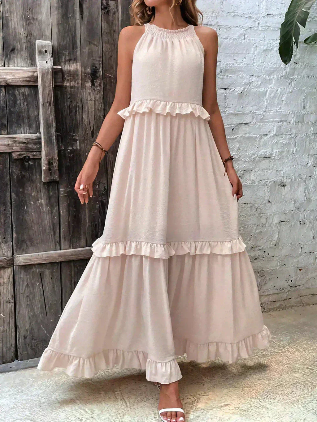 Delilah - Elegant Halter Neck Ruffle Trim Dress